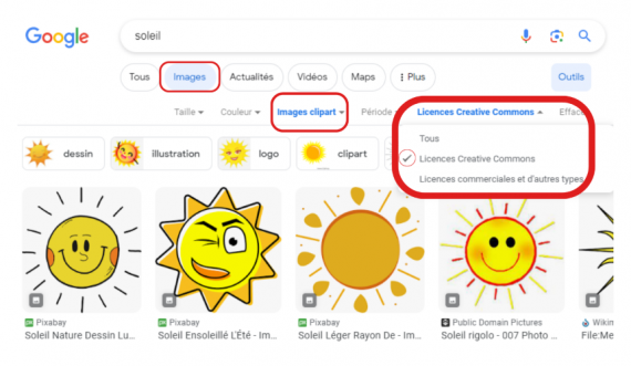 Recherche d'images libres de droits sur Google